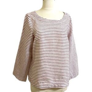 ARTISAN NY Natural White Linen Red Stripes Popover Boxy Top Medium